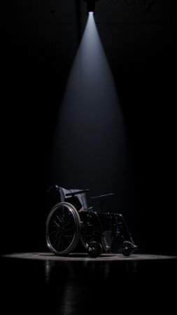 Spotlight Illuminating Empty Wheelchair in Dark Roomの写真素材