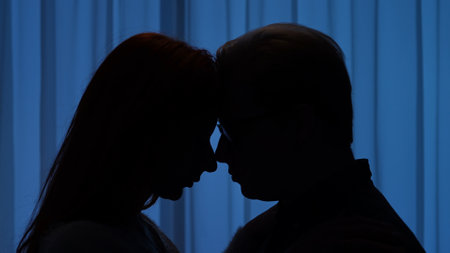 Silhouette of Two People in Emotional Momentの写真素材