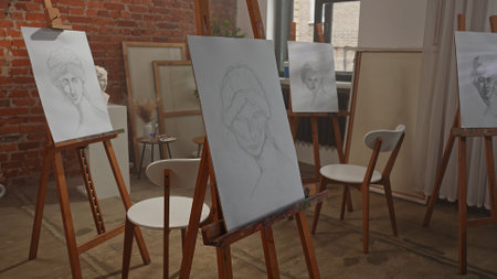 Shot of modern art class room, canvas with female pencil sketch portraits stand on easels and antique woman head model statue.の写真素材