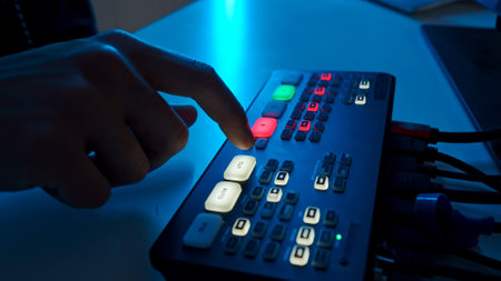 Finger Pressing Button on a Professional Audio Mixerの写真素材