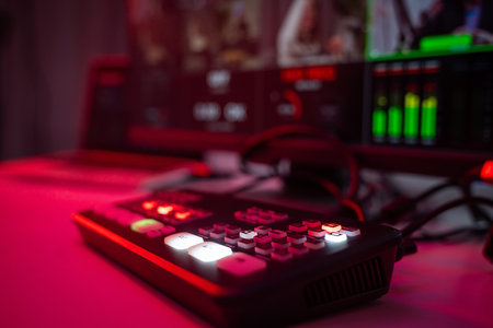 Professional Audio Visual Mixing Console in Studio Environmentの写真素材