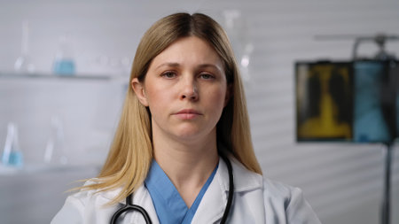 Portrait of a Serious Female Doctor in Medical Environment