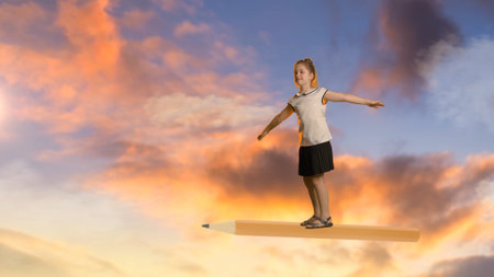 Little Girl Imagining Flying on Giant Pencil in Sky