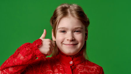 Smiling girl child looks at camera and shows thumb up hand sign, positive expression, isolated on chroma key green screen studio background mockup.の写真素材