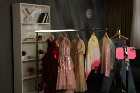 Fashion Boutique with Elegant Dresses and Trendy Clothing Setupの写真素材