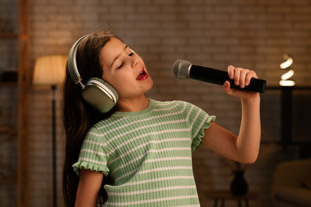 Young Girl Happily Dancing and Singing with headphones indoorsの写真素材