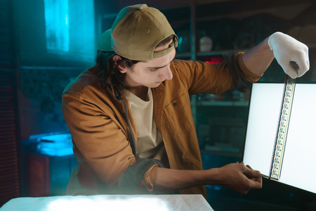 Young Man Examining Film Strip on Light Table in Studioの写真素材