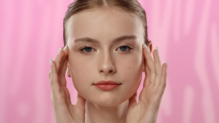 Young Woman with Clear Radiant Face Smiling Gently for Skincareの写真素材