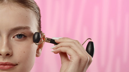 Gentle Face Massage with Black Stone Roller for Relaxationの写真素材
