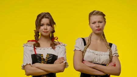 Two Women in Traditional Costumes with Braided Hairstylesの写真素材