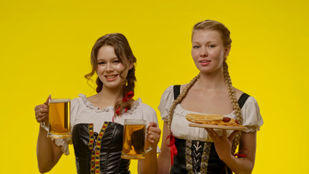 Women in Traditional Costumes with Beer and Food in Handの写真素材
