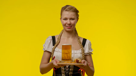 Woman in Traditional Bavarian Dress with Beer and Pretzelの写真素材