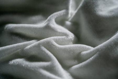 View of Wrinkled White Velvet Fabric Textureの写真素材