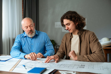 Experienced Architect and Young Apprentice Collaborating on Projectの写真素材
