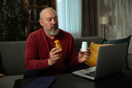 Senior Man Checking Medication Instructions During Online Consultationの写真素材