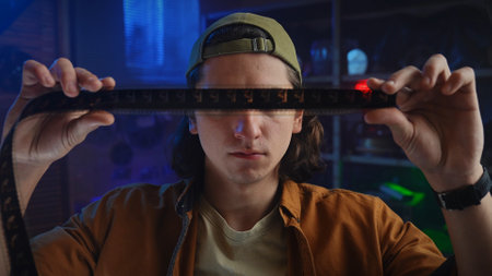 Young Man Inspecting Film Strip in a Dimly Lit Room