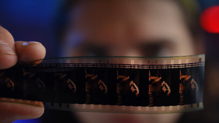 Young Man Inspecting Film Strip in a Dimly Lit Roomの写真素材