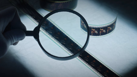 Detailed Analysis of Vintage Film Reel with Magnifying Glassの写真素材