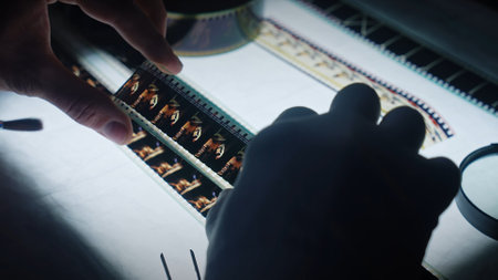 Close-Up Examination of Film Strip Under Magnifying Glassの写真素材