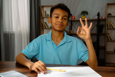 Young African American Child Boy Showing Okay Gesture While Studying at Home
