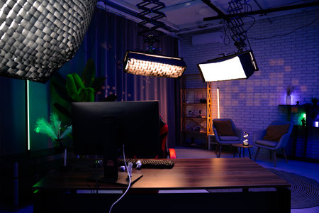 Sophisticated Home Studio Setup with Professional Lighting and Decorの写真素材