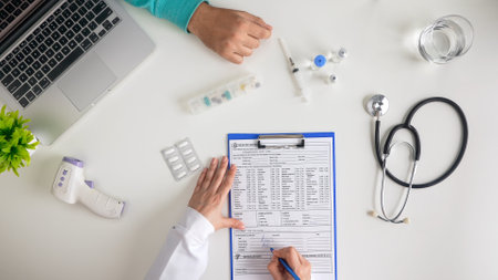 Medical Workspace with Form and Health Tools Organized Neatlyの写真素材