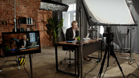 Businesswoman in Office Talking on Phone and Using Laptop