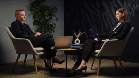 Professional Business Meeting Between Two Executive Professionals Discussing Strategiesの写真素材