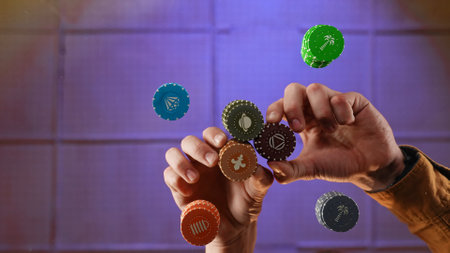 Hands Holding Colorful Poker Chips Amidst Falling Chips Below the Glass Table