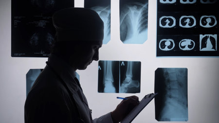 Doctor Analyzing X Ray Images on Illuminated Board