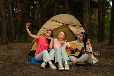 Camping Adventure with Friends Making Memories Togetherの写真素材