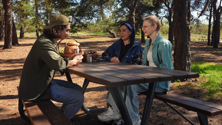 Friends Enjoying a Casual Outdoor Picnic in the Parkの写真素材