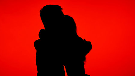 Silhouette of an Embracing Couple Against Red Backgroundの写真素材
