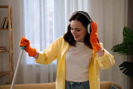 Young adult woman spending time at home, housekeeping time on weekend, woman in the living room mopping the floor listening music in headphones and smiling.の写真素材