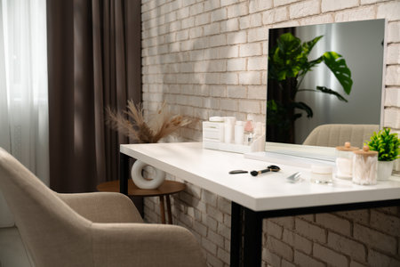 Modern Minimalist Makeup Vanity with Brick Wall Background