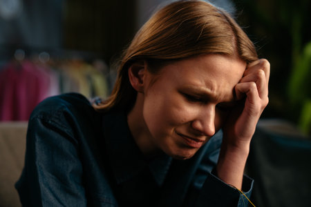 Young Woman Feeling Overwhelmed Sitting on a Comfortable Sofaの写真素材