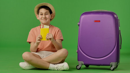 Excited Traveler Ready for Vacation with Tickets and Luggageの写真素材