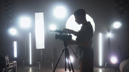 Professional filming pavilion with lighting equipment. Backstage.