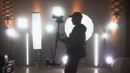 Backstage. Professional shooting pavilion with lighting equipment.