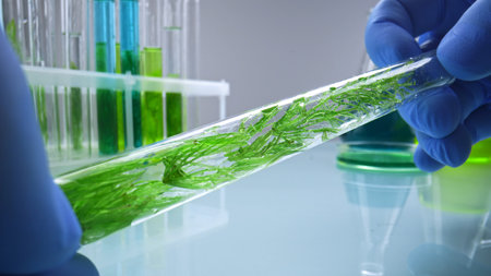 Scientist holding test tube with green plant sample in laboratory