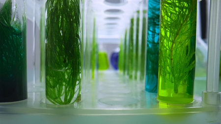 Test tubes with green plant samples and colorful chemical flasks in laboratory
