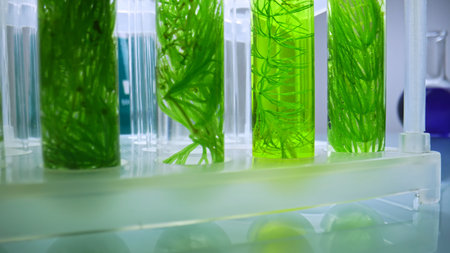 Close up of green plant samples in test tubes in laboratoryの写真素材