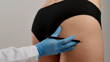 Marked Area on Skin by Professional with Protective Glovesの写真素材