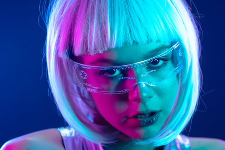 Futuristic woman in neon light with holographic smart glassesの写真素材