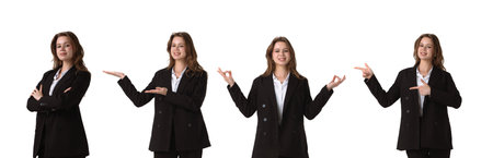 Woman Expressing Confidence with Multiple Gestures in Business Attire isolated on white background
