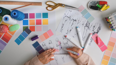 Fashion Design Process with Color Swatches and Sketchesの写真素材
