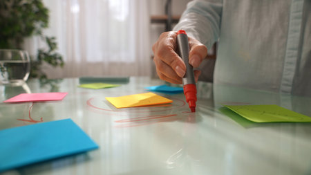 Productivity Techniques Using Colored Sticky Notes on Glassの写真素材