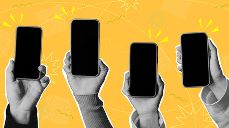 Collage of Hands Holding Smartphonesの写真素材
