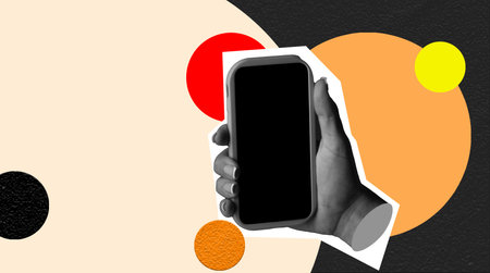 Collage Design Featuring Smartphone in Hand with Colorful Circles