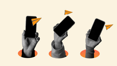 Three Monochrome Hands Holding Smartphones With Orange Paper Planesの写真素材